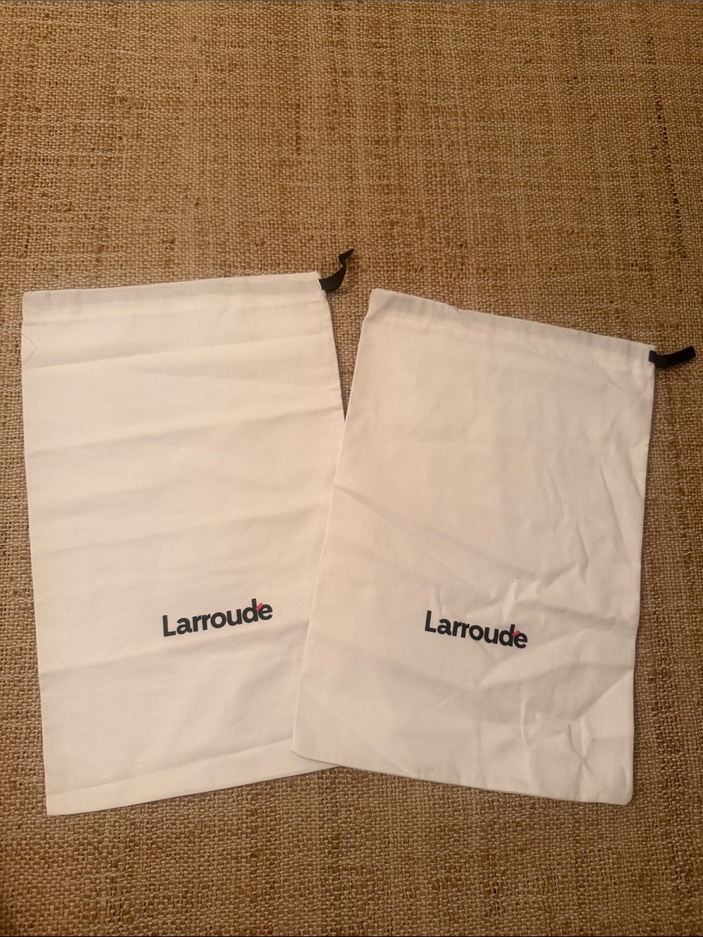 Larroude White Drawstring Pouch with Black Cord - set of 2